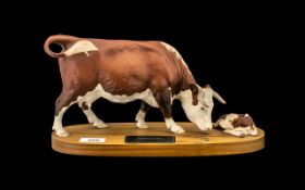 Beswick Connoisseur Model Hereford Cow And Calf Model No A2667/2669, On Wooden Plinth,