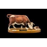 Beswick Connoisseur Model Hereford Cow And Calf Model No A2667/2669, On Wooden Plinth,