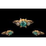 An Antique 9ct Gold Aqua Marine and Diamond Ladies Ring, Lovely Style. Ring Size - N.