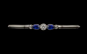 Edwardian Period - Stylish and Lovely Quality 14ct White Gold Sapphire and Diamond Set Brooch of