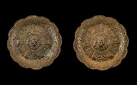 Tibetan Antique Embossed Copper Dishes of Lotus Flower Shape with Tibetan script embossed to the