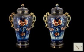 Large Pair of Victorian Lidded Flow Blue Decorated Vases with Flowers Picked out In Red with Side