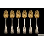 Antique Period Superb Matched Harlequin Set of Six Sterling Silver Fiddleback Berry Spoons with gilt