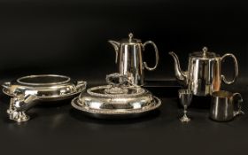 Misc Silver Plated Items, Consisting of 2 Lidded Entree Dishes, 2 Teapots, Sugar Scuttle,