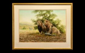Peter Jepson Original Painting of 2 Lions and Zebra In Background, Signed Lower Left Jepson 90, No