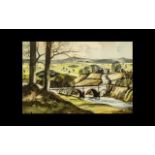 J. R. Hurley. A Rural English Landscape In Summer with a Bridge Over a River - Watercolour, Signed.