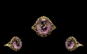 9ct Gold Amethyst Ring, Large Amethyst to Centre. Ring Size - M. Please See Photo.