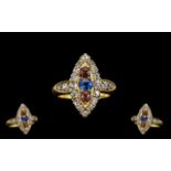 Victorian Period 18ct Gold - Attractive Marquise Shaped Cluster Ring, Set with Diamonds,
