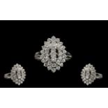Platinum - Superb Quality Diamond Set Cluster Ring, Boat Shaped Design on 3 Steps Raised.