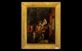 Antique Oil Painting on Canvas laid on board, depicting Henry VIII with his wife, the Queen, sitting