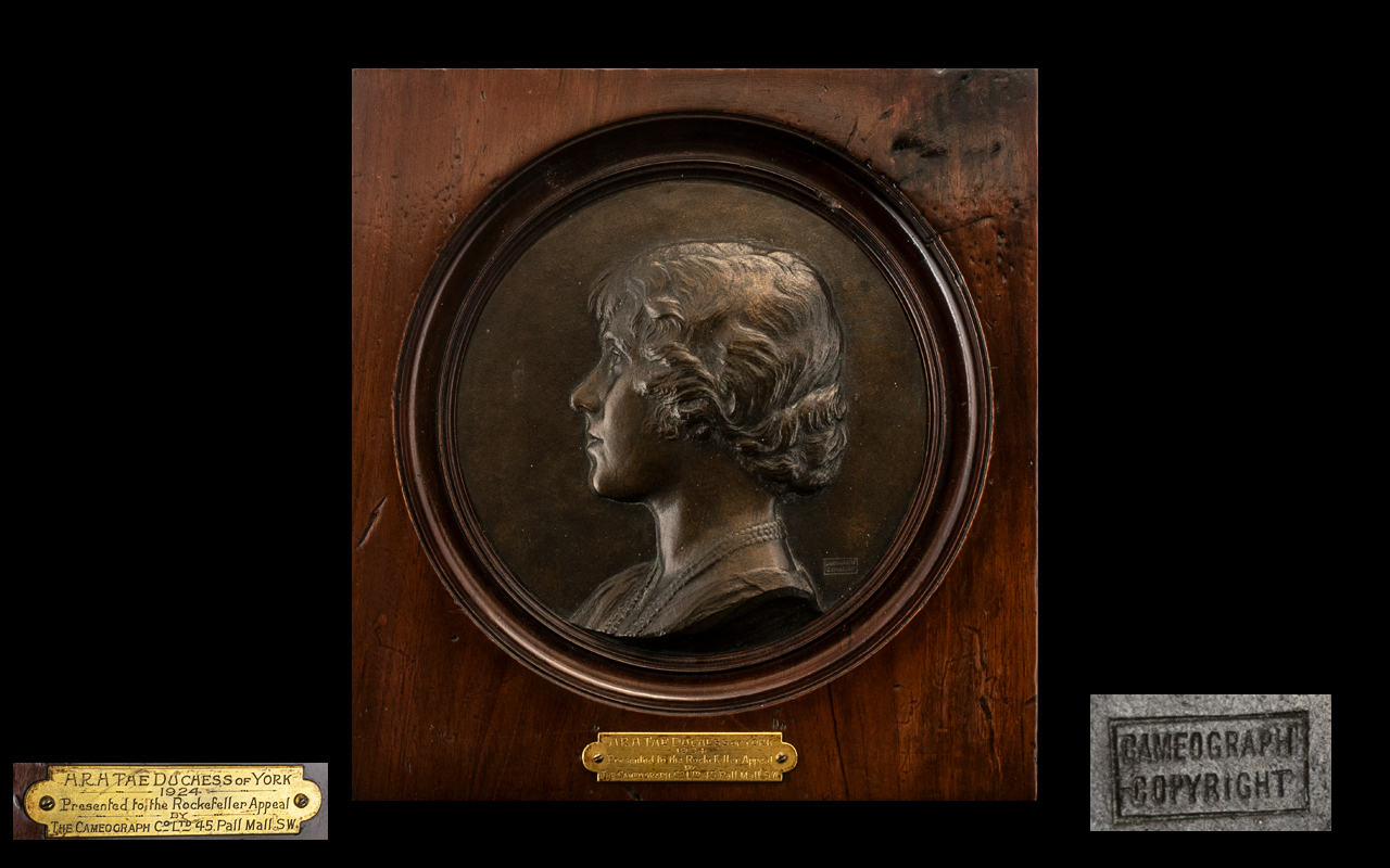 Bronze Plaque of the Late Queen Mother when HRH The Duchess of York c1924,