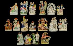 Collection of 17 Antique Staffordshire Figures, Various Subjects Including Horses, Cows, Deer, Dogs,