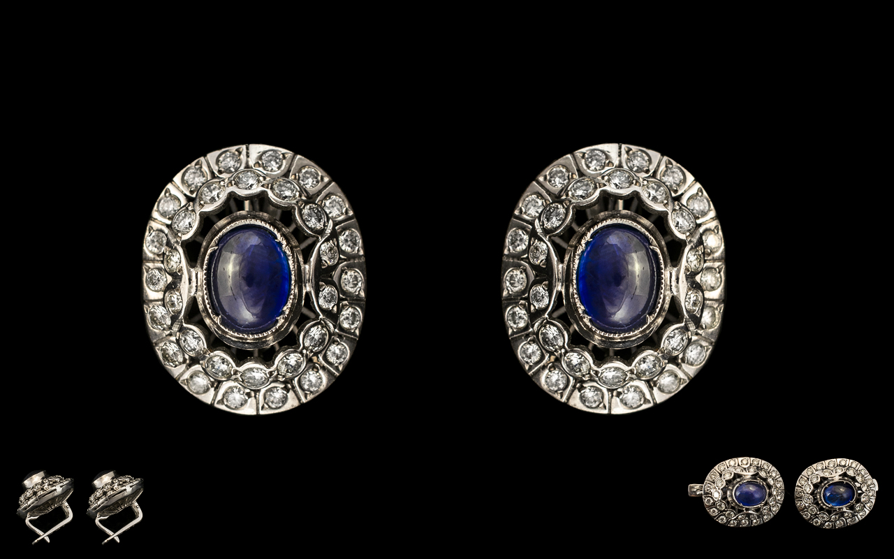 Russian - 14ct White Gold Impressive and Quality Pair of Sapphire and Diamond Set Earrings.