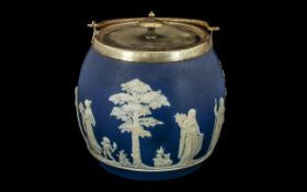 Blue and White Jasperware Wedgwood Biscuit Barrel, with Classical Figures, EPNS Lid and Handle.