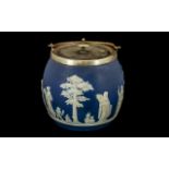 Blue and White Jasperware Wedgwood Biscuit Barrel, with Classical Figures, EPNS Lid and Handle.