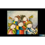 Joyce Roybal (1955 - ) Original Oil Painting on Canvas of whimsical children playing a violin,