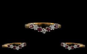 Ladies 9ct Gold Attractive Diamond and Ruby Set Ring, Wishbone Style.