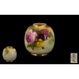Royal Worcester Hand Painted Globular Shaped Small Vase - Still Life ' Roses ' Date 1924 & Shape No