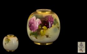 Royal Worcester Hand Painted Globular Shaped Small Vase - Still Life ' Roses ' Date 1924 & Shape No