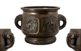 Japanese Meiji Period Bronze Plant Pot of fine quality casting and patination. Panels cast to the