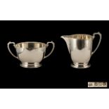 Art Deco Period - Good Quality Sterling Silver Pair of Matching Twin Handle Sugar Bowl and Cream