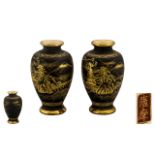Small Pair of Japanese Satsuma Vases, Decorated In Gilt Work on a Black Ground Body, Depicting