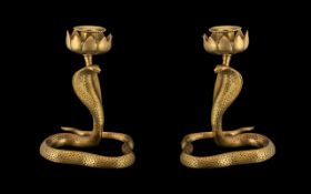 Pair of Cast Brass Indian Snake Cobra Candlesticks, On Coiling Bases. 8.5 Inches High.