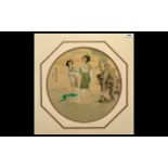 Chinese Fine Quality Republic Period Watercolour Drawing of elegant ladies in a garden landscape;