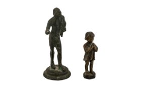 Small Antique Classical Bronze of Narcissus; 4 inches high; with a small bronze of a girl;