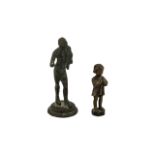 Small Antique Classical Bronze of Narcissus; 4 inches high; with a small bronze of a girl;