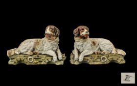 Pair of Victorian Bisque Reclining Newfoundland Dogs, hand painted,