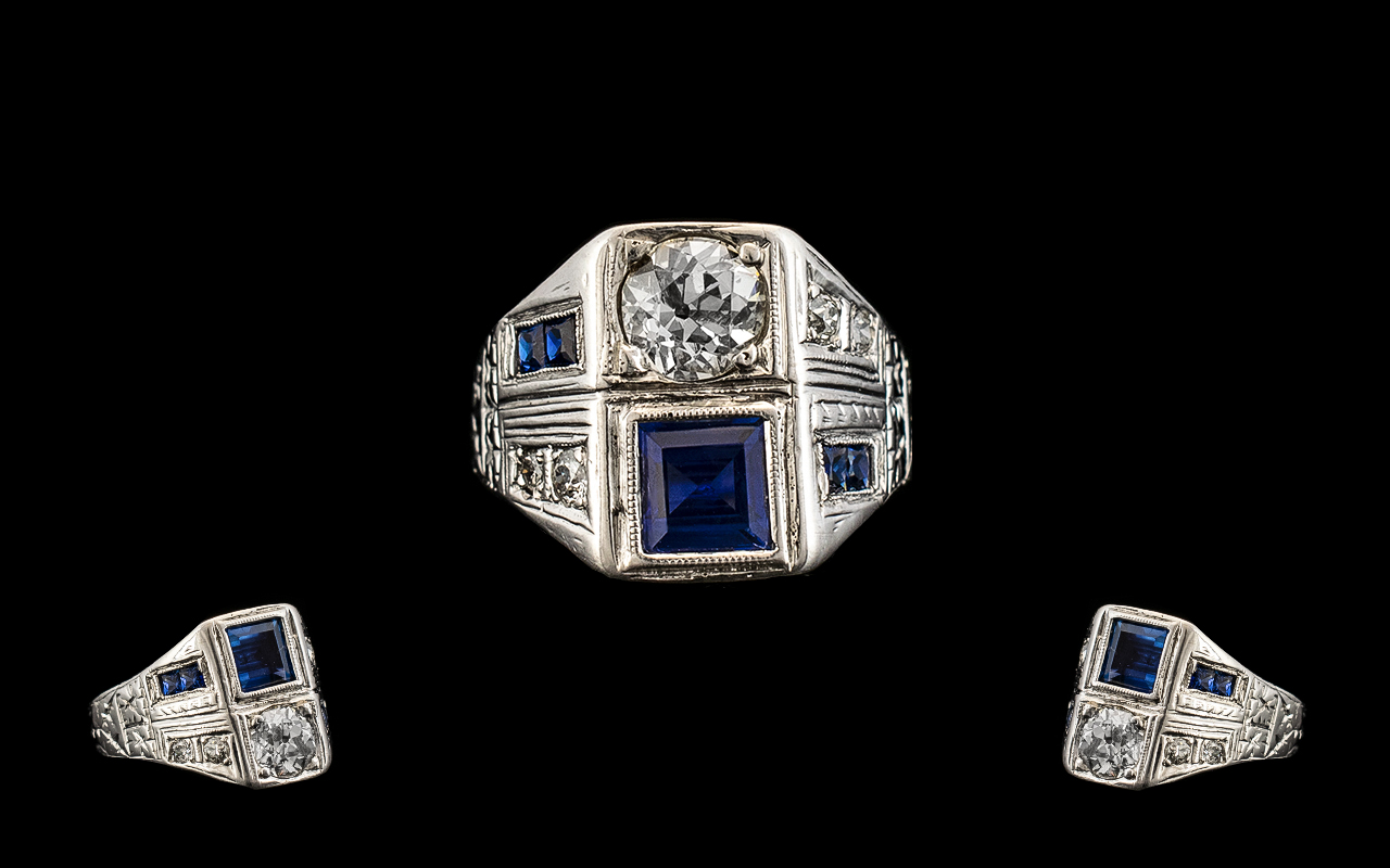 Art Deco Period 18ct White Gold Superb Sapphire and Diamond Set Ring. Marked 18ct. The Central