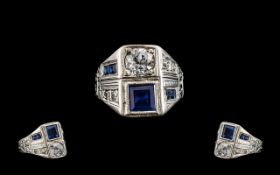 Art Deco Period 18ct White Gold Superb Sapphire and Diamond Set Ring. Marked 18ct. The Central