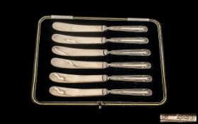 Victorian Period Boxed Set of Six Sterling Silver Handle Butter Knives, In As New Condition.