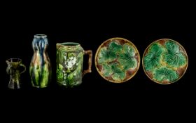 A Collection Antique Majolica to include a green leaf jug,