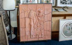 Modern Terracotta Sectional Wall Plaque depicting an Egyptian Queen meeting a Spaceman.