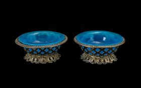 Pair of Antique Opaline Glass Salts, Housed In a Metal Fret Worker Footed Frame. 4 Inches Diameter &