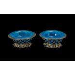 Pair of Antique Opaline Glass Salts, Housed In a Metal Fret Worker Footed Frame. 4 Inches Diameter &