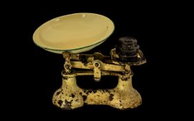 Vintage Cast Weighing Scales and Weights, Aged PAtina, Enamel Pan. Please See Image.