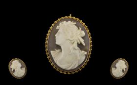 9ct Gold Oval Mounted Shell Cameo Brooch with Attached 9ct Gold Safety Chain,