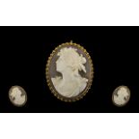 9ct Gold Oval Mounted Shell Cameo Brooch with Attached 9ct Gold Safety Chain,