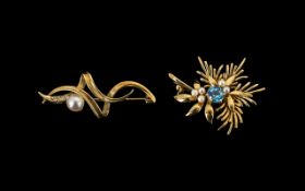9ct Gold Ribbon Brooch Set With A Single Seed Pearl And Five Round Cut Diamonds, Length 40mm,