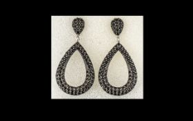 Black Spinel Pear Drop Loop Earrings, pear drop open loops, pave set with round cut black spinels,