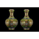 Pair of Chinese Cloisonne Garlic Necked Vases of Fine Quality with Floral Famile Rose Coloured
