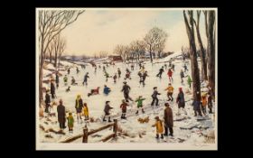 Tom Dodson ( 1979 ) Limited Edition Print ' Winter Ice Skating ' Pencil Signed to the Margins with