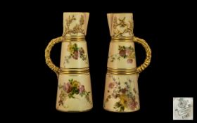 Royal Worcester Hand Painted Pair of Blush Ivory Tapered Jugs / Vases,