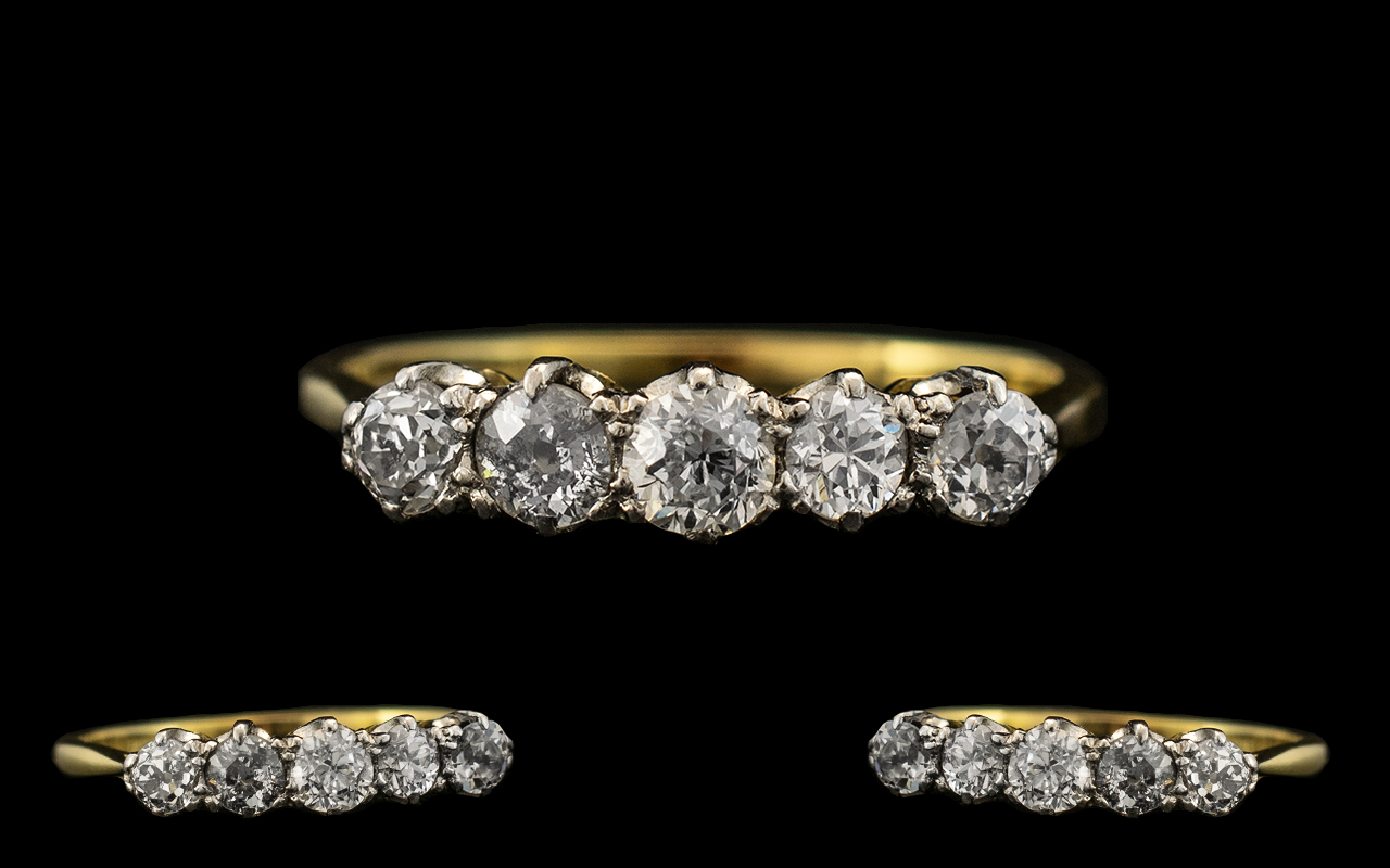 Antique Period - Attractive 18ct Gold and Platinum 5 Stone Diamond Set Ring. Marked 18ct.