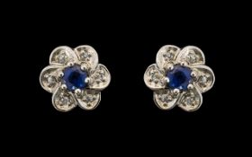 18ct White Gold Diamond & Sapphire Stud Earrings, Lovely Quality. Please See Image.