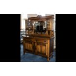 Arts and Crafts Oak Side Board with Mirrored Top with Leaded Glass Side Cabinet with Two Drawers