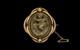 Victorian Period Fine Quality Pinchbeck Cameo Carved Lava Brooch with Safety Chain. c.1850-1860.